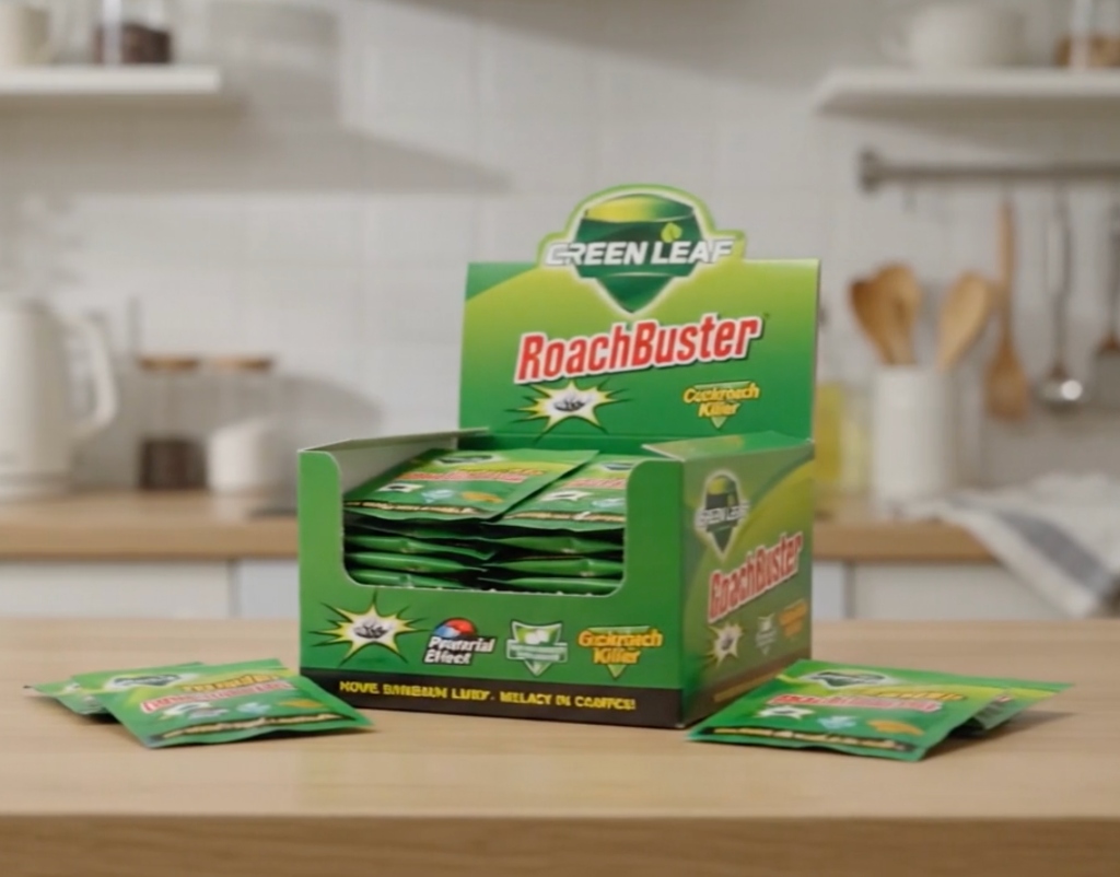 GreenLeaf RoachBuster box shown in a kitchen setting