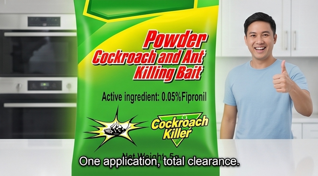 GreenLeaf RoachBuster cockroach and ant killing bait sachet shown in kitchen with a smiling man giving a thumbs up